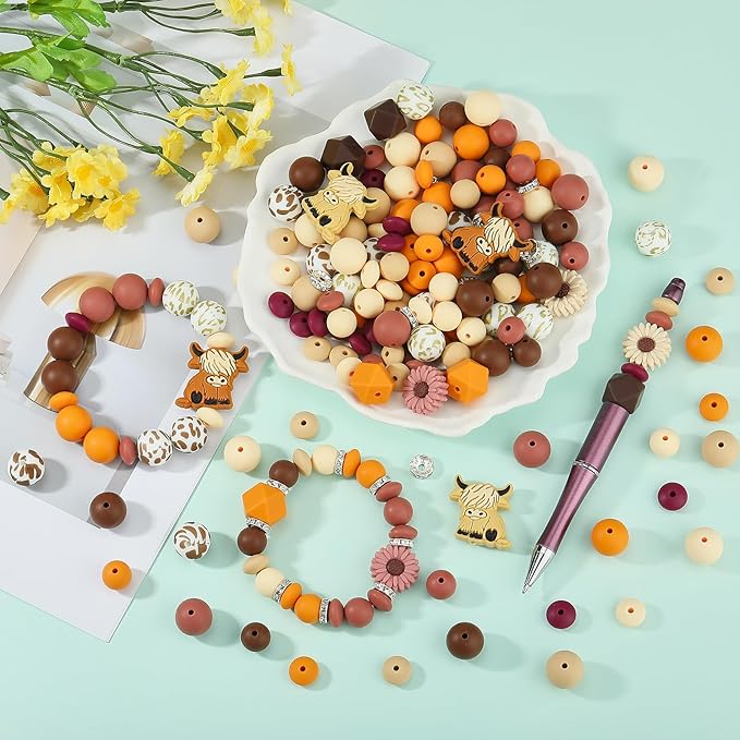 120 Pcs Yak Themed 12mm 15mm Silicone Beads Kit for Keychain Making Daisy Beads Round Focal Beads for Pens Bracelets Necklace DIY Crafts Jewelry Making