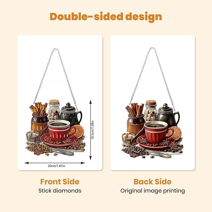 MXJSUA Coffee Diamond Art Window Suncatchers, Diamond Painting Art Kits for Adults Hanging Ornaments with Chain, 5D Special Shape Crystal Diamond Pendant Accessories for Decor Gift 8x8 Inch