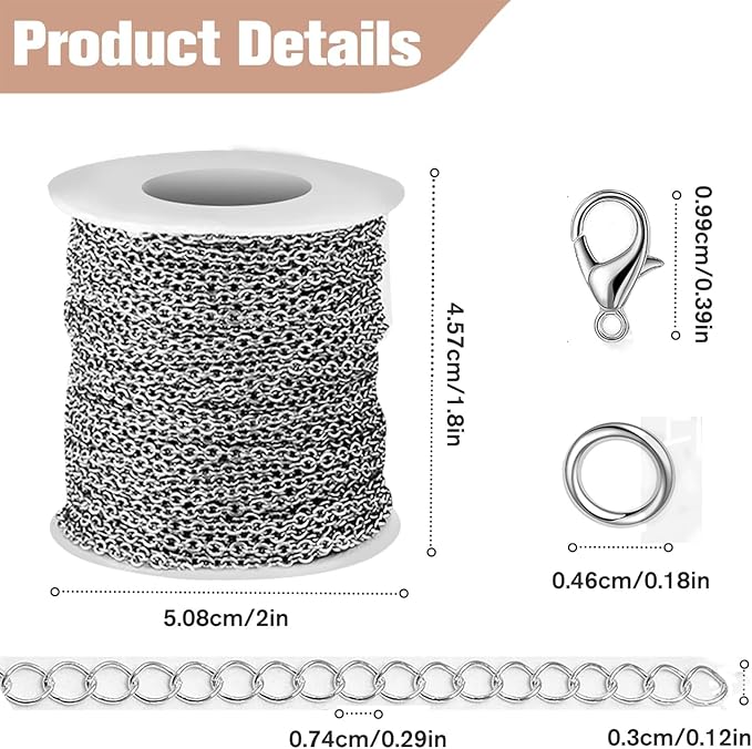 WXJ13 Chains for Jewelry Making 36FT 2 Rolls, Silver Stainless Steel Jewelry Chains with 60 Pieces Open Jump Rings & 40 Pieces Lobster Clasps for Necklace Chain DIY Making Accessories