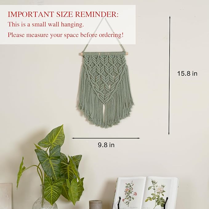 small macrame wall hanging decor boho tapestry for bedroom living room dorm nursery and office, cute aesthetic wall art for small spaces for teen girls and home decor (light green, 16*10 inch)
