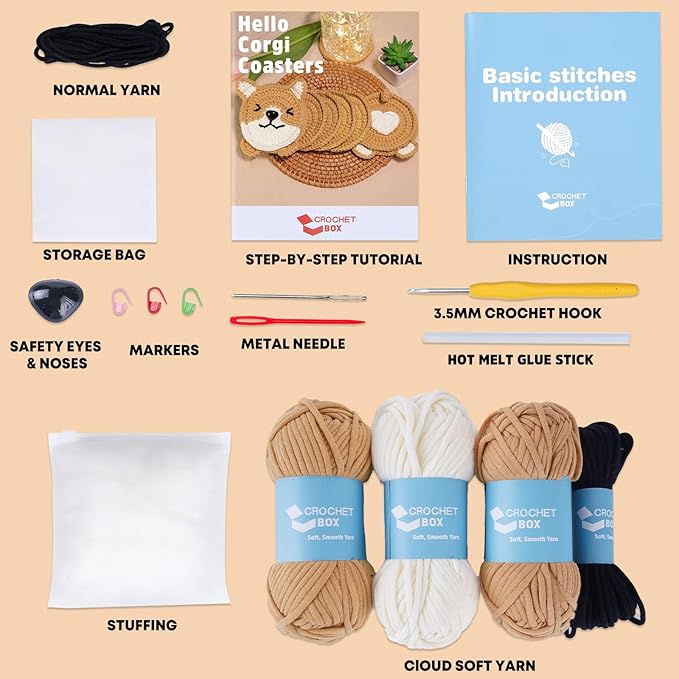 CrochetBox Crochet Kit for Beginners Adults - Corgi Coasters Starters Crochet Kit, Beginners Crocheting Kitting for Adults Teen, Craft Gifts with Crochets Yarns, Hook, Step-by-Step Video, Instruction