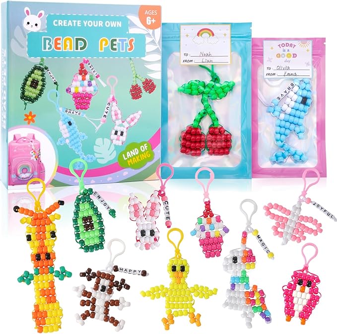 Happy makers Beads for Crafts, 12 Designs Pony Beads Keychain Making Kit with Letter Beads, Bead Pets Art Crafts,Includes Instructions, Cording, Keychains & Bags,Stickers DIY Craft Kits for Beginners
