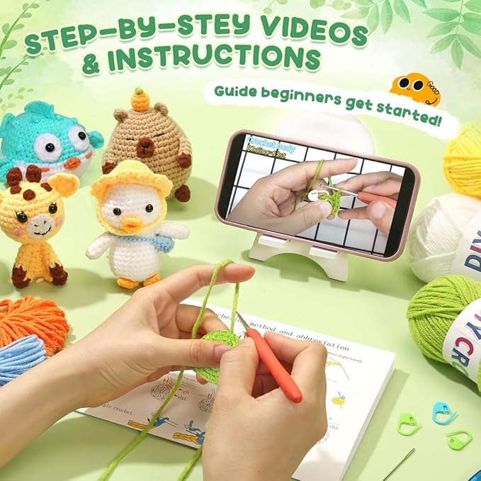 6Pcs Crochet Kit for Beginners, DIY Crochet Kit For Adults, Crochet Animal Kits with Step by Step Videos Tutorials, Yarn Crochet Hook Great Birthday Holiday Gift, DIY Keychain Pendants (Set-03)