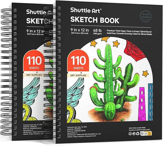 shuttle art 9x12” sketchbook, 220 sheets total, pack of 2(110 sheets each), 68lb/100gsm thick paper, spiral bound mixedmedia sketch pad, acid-free drawing pad for kids adults artists sketching drawing