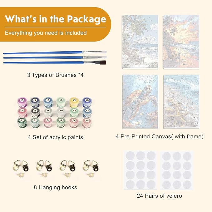 NEWENMO 4 Pack Paint by Numbers for Adults with Wooden Framed, Beach Sunset, Paint by Number Kits on Canvas for Beginner, DIY Acrylic Oil Painting Kits for Home Decor 8x12 inch, Sea Turtle