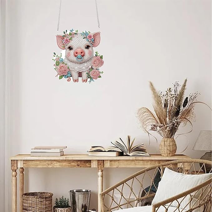 TDFERAN Diamond Painting Pendant DIY Flower Pig Diamond Art Ornament Kits Window Pendant, Diamonds Hanging, Diamant Suncatcher, Art Painting Hanging for Wall Home Decor