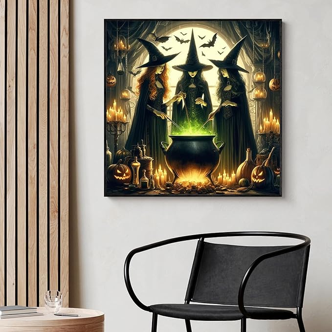 Yezavesu Halloween Diamond Art Kits for Adults, Halloween Witch Diamond Painting Kit for Beginners, 5D DIY Round Full Drill Painting with Gem Art Craft Kits for Home Wall Decor 14x14 Inch