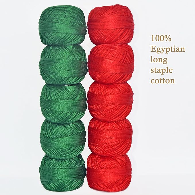 Double Mercerized Egyptian Long Staple Cotton Pearl Thread Ball 10 Grams Rainbow Color Embroidery Thread 10 Colors per Box for Crochet Hardanger Cross Stitch Hand Embroidery,red Green