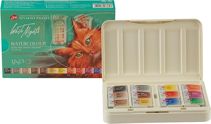 White Nights Professional Watercolor Set – Animalistics Edition | 12 Full Pans (2.5ml) | Extra Fine Artist-Grade, High-Pigment, Vibrant & Lightfast Colors by Nevskaya Palitra