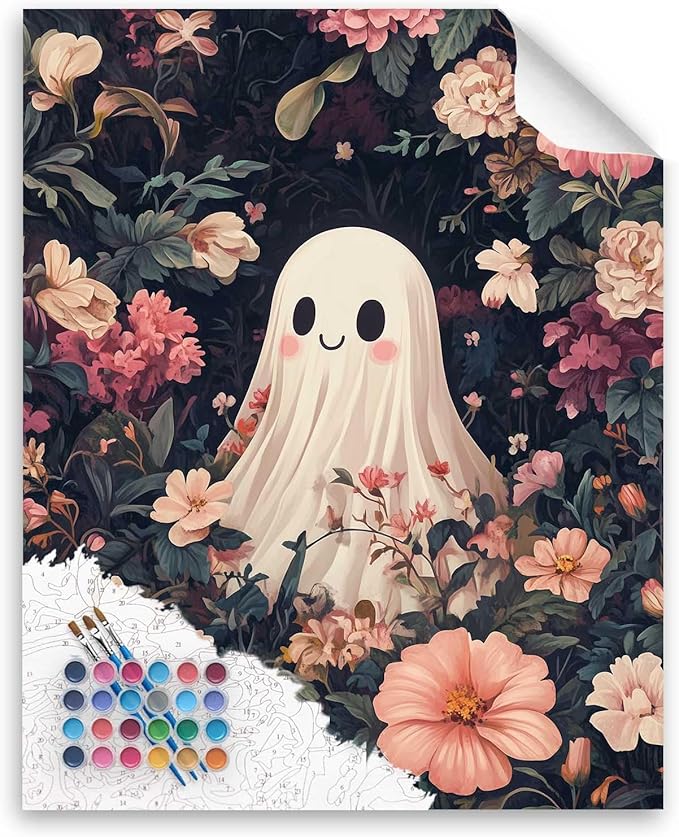 Cawpom Ghost Paint by Number, Halloween Ghosts Paint by Numbers Kit for Adults, Ghost Surrounded by Pink Flowers Poster, Acrylic Painting for Holiday Gift Home Decor(16x20inch, No Frame)