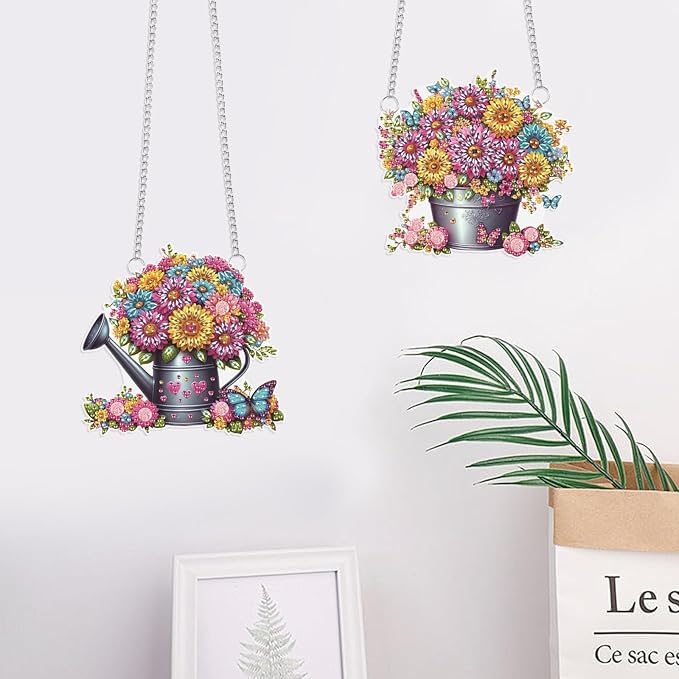 2 Pack Floral Diamond Painting Hanging Decorations – 5D DIY Flower Pot & Watering Can Wall Art, Special Shaped Diamond Art Kit with Hanging Chains, Garden-Inspired Decor for Home & Gift