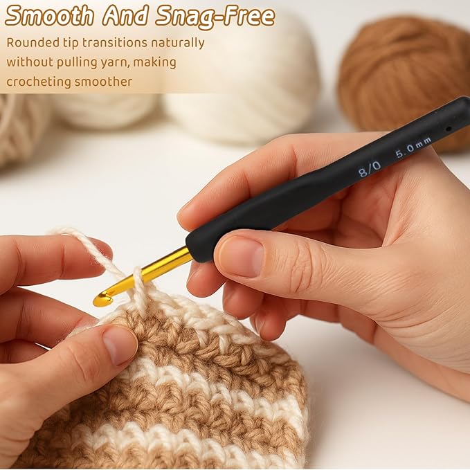 Black Gold Ergonomic Crochet Hook Set (2.0–6.0mm) – Soft Grip Aluminum Knitting Hooks for Arthritic Hands & Yarn Craft