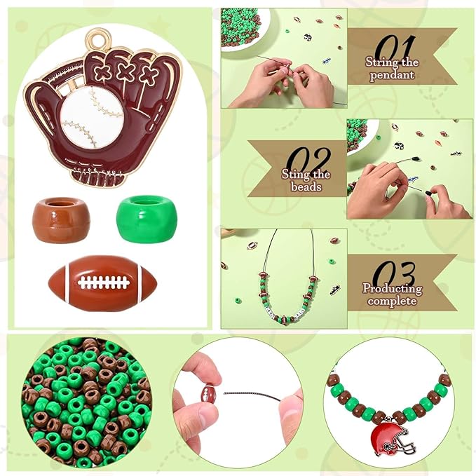 Kavoc Football Beads Necklace Crafts Kit Football Letter Beads Green Brown Pony Beads Sports-Themed Pendants Cords for Jewelry Necklace Bracelet Making DIY Crafts Decor