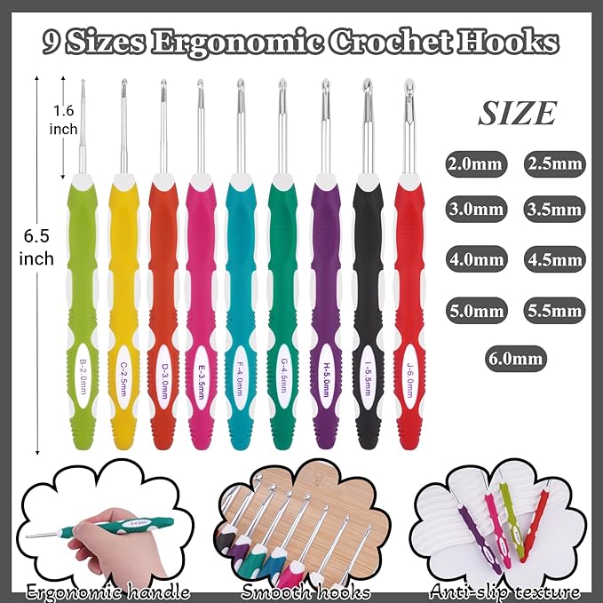 Hobekoee 23 Sizes Crochet Hooks Set with Case,2mm-10mm Ergonomic Crochet Needles for Arthritic Hands,Complete Crochet Kit for Beginners and Experiencer