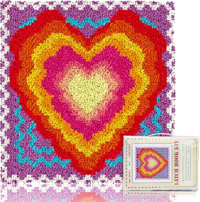 ORIGACH Love Rainbow Latch Hook Rug Kit for Adults Printed Rug Making Kit Handmade Carpet Tapestry Cover with Hook Latch and Preprinted Canvas, Home Arts Crafts Sofa Decor, 17.72x17.72inch