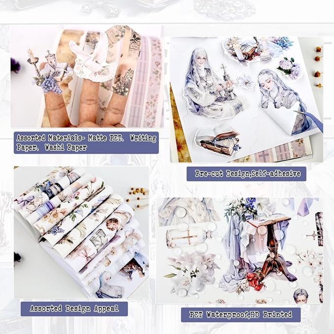 Gloria Cantical Pre-Cut Journal Sticker Book for Journaling, Scrapbook Stickers for Bullet Journals, Junk Journal Supplies, Planner, 20 Sheets A5 Size Washi, PET & Paper Collage Materials