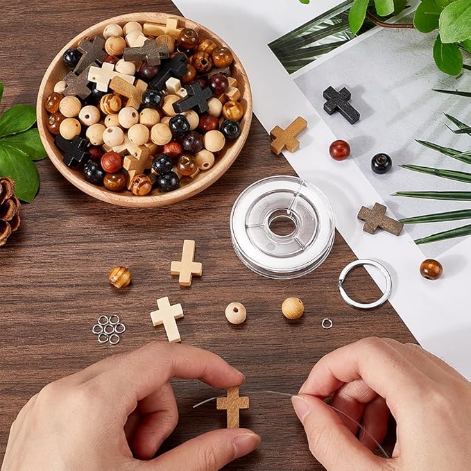 SUNNYCLUE 280Pcs Keychain Making Kit Wood Crucifix Charms Easter Wooden Cross Charms Mini Cross Charm Bulk Wood Cross Round Beads Split Key Rings for Keychains Holiday Beading Craft DIY Supplies
