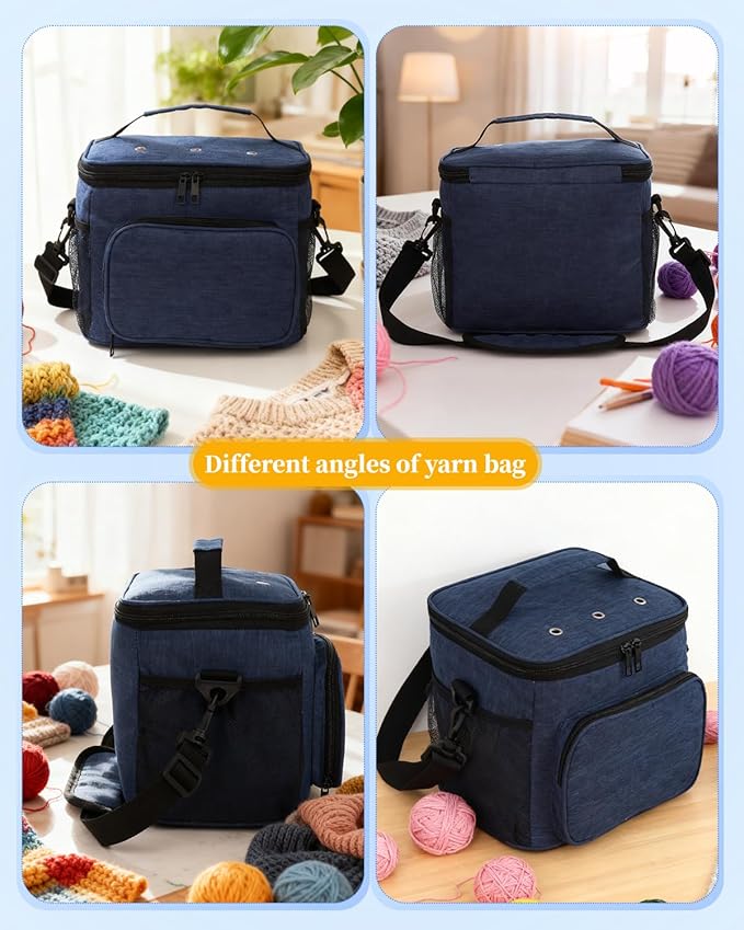 Aeelike Yarn Storage Organizer Travel Crochet Bag, Large Capacity Tote Bags Knitting Bag for Carrying Projects, Knitting Needles,Crochet Hooks and Yarn, Blue