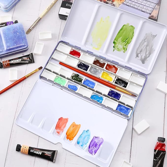 LOONENG Empty Watercolor Palette, Empty Watercolor Tin with Fold Out Palette, Large Purple Watercolor Tray Palette with 28 Empty Full Pans for Plein Air Painting and Sketching