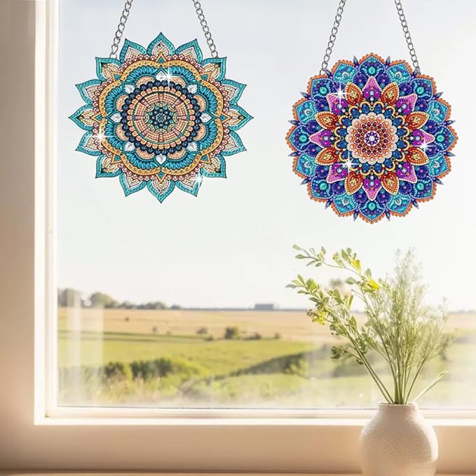 Muzagroo Art 5D Diamond Art Kit for Adult Mandala Diamond Suncatcher Hanging Ornament Kits for Living Room Windows, DIY Special Shaped Crystal Window Hanging Pendant Ornament 2PCS (Mandala)