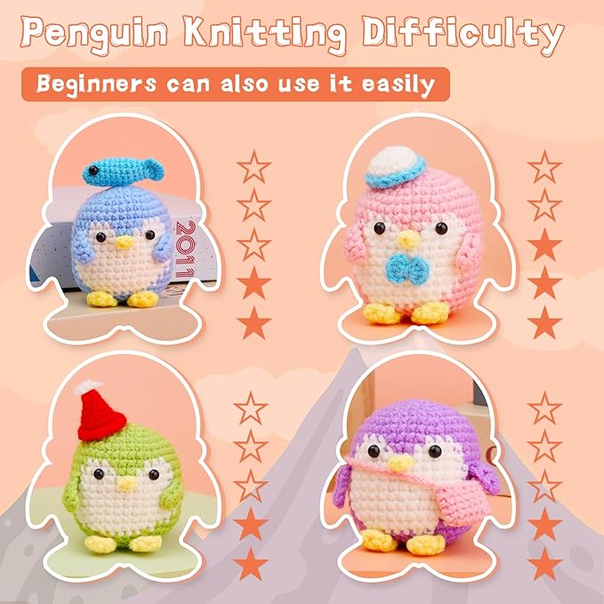 IMZAY 4 Pack Crochet Kit for Beginners, Beginner Animal Kit, Cute Starter with Video Tutorial, 2 Hooks, Colored Yarns, 5 Stitch Markers Complete Set to Make Penguins