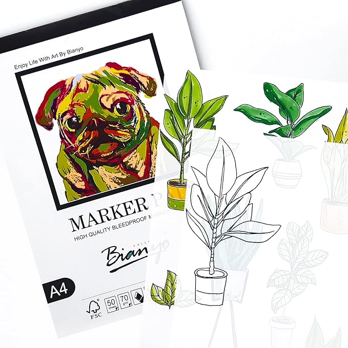 bianyo xl bleedproof marker paper pad, a3(11.69"x16.54"), 50 sheets, 18 lb / 70 gsm, glue-bound, 100% cotton, white, ideal for use with markers and ink mediums