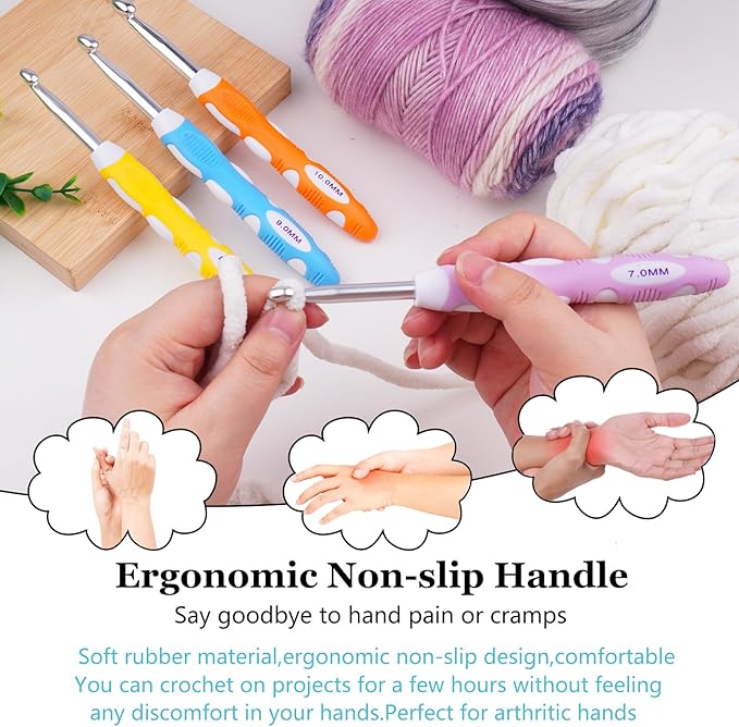 Large Crochet Hooks 4 pcs Ergonomic Non-Slip Rubber Handle Crochet for Arthritic Hands,7mm 8mm 9mm 10mm Extra Long Crochet Hooks Needles DIY Yarn Crocheting Tools