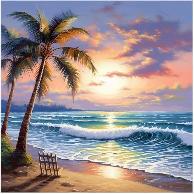 beach sunset stamped cross stitch kits - tree counted cross stitch kits for beginners adults needlepoint cross-stitch patterns dimensions needlecrafts embroidery kits arts and crafts 13.7x13.7 inches