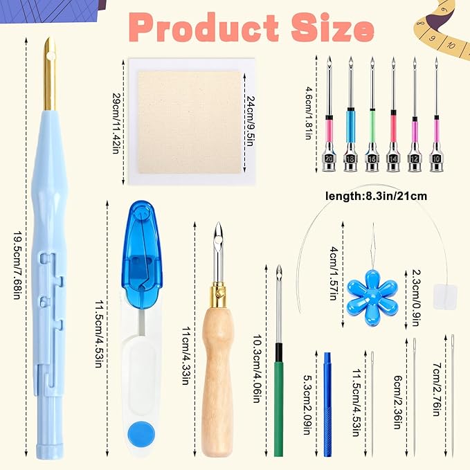 AUGSUN 39Pcs Punch Needle Embroidery Kit, Punch Needle Accessories Set Include Monk's Cloth Cross Stitch Fabric Adjustable Punch Tool for Handicraft Gifts Embroidery DIY Crafting Activity