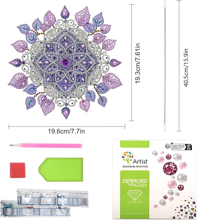 Lxmsja DIY Purple Mandala Diamond Painting Hanging Ornament, Double-Sided Acrylic Mandala Leaves Diamond Art Kit, Special Shaped Suncatcher Hanging Pendant Window Art Kit
