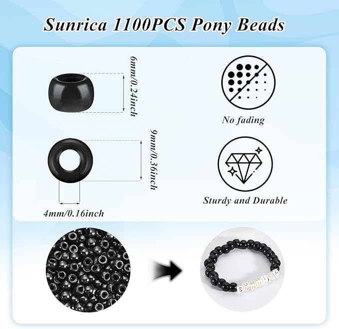 sunrica 1100pcs black pony beads 6x9mm bulk large hole plastic beads for kandi, hair braids, keychains, jewelry making