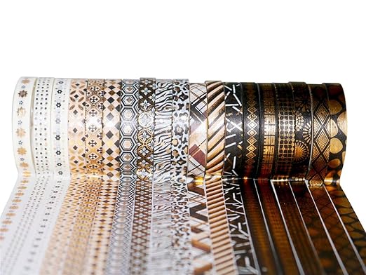 YUBBAEX 20 Rolls Washi Tape Set Black Gold Foil Print Decorative Tapes for Arts, DIY Crafts, Bullet Journals, Planners, Scrapbook, Wrapping (Skinny Black Gold x 20 Rolls)