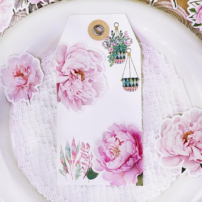 CATaireen Vintage Junk Journal Items Kit Pre Cut Paper Cards Cutout Cardstock Art Aesthetic Decor Hollow Out Craft Elements Small Embellishments Supplies for Adults Scrapbook Pack (Floral Pink)