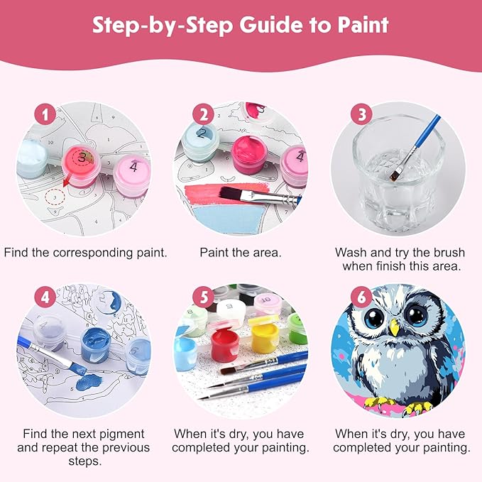 4 Pack Paint by Numbers for Kids with Wooden Framed, Watercolor Turtle, Cute panda, Owl, Cow, Paint by Number Kits on Canvas for Beginner, Acrylic Oil Painting Kits for Home Decor 8x8 inch, Animals