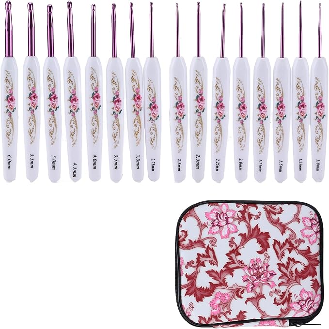 Crochet Hooks Needles,16 Pcs Cute Needles for Arthritic Hands,Extra Long Chinese Style Crochet Hook Set Flower Pattern Ergonomic Soft Grips Knitting Hook for Crochet Yarn Craft (Pink)