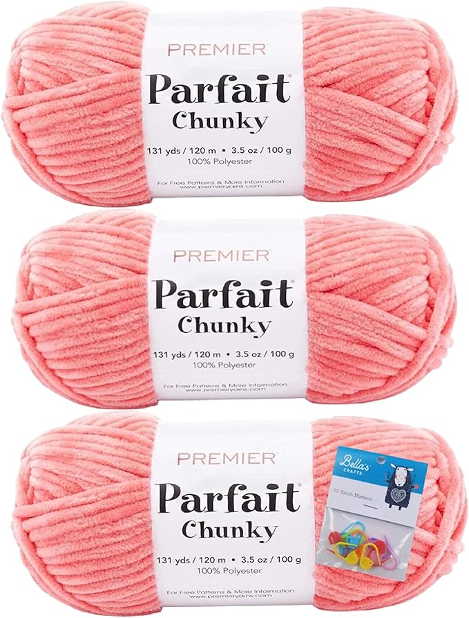 Premier Yarns Parfait Chunky Chenille Yarn 3.5 Oz 6 Super Bulky Weight 3 Pack Bundle with Bella's Stitch Place Holders (Coral)