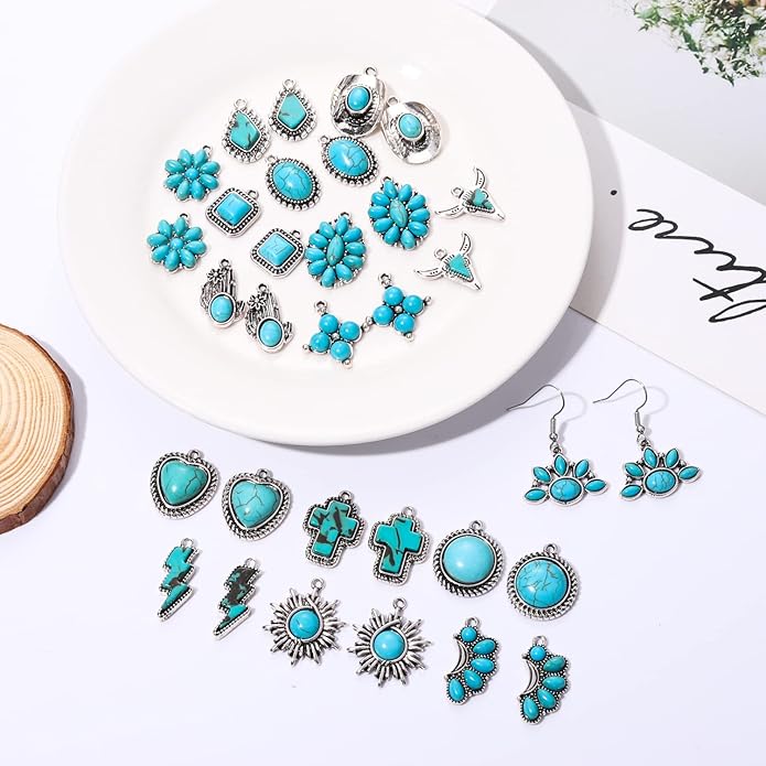 NVENF 32PCS Western Charms for Jewelry Making, Synthetic Turquoise Vintage Cactus Heart Flower Lightning Cowboy Boot Pendant for Bracelet Necklace Earring DIY Crafts