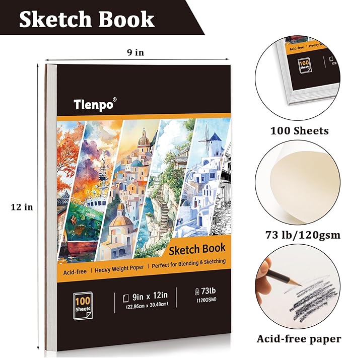 tlenpo sketch book 9 x 12 in, glue bound sketchbook, 100 sheets sketch pad, (73 lb/120 gsm) drawing paper pad, acid free art sketching pad, sketch paper for drawing coloring sketching