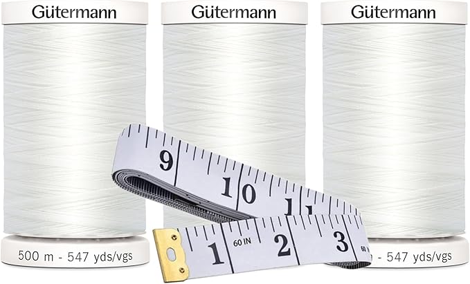 Gutermann Sew-All Thread (500m/547yd Each), 3-Pack Bundle with Bella's Crafts Soft Tape Measure (Nu White - 20)