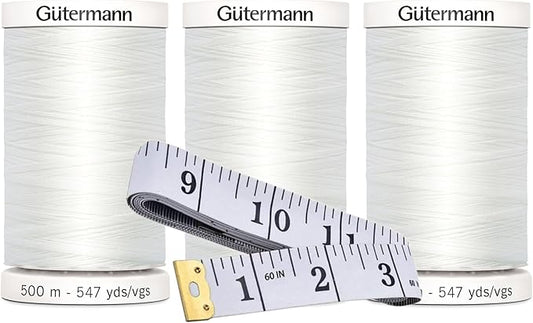 Gutermann Sew-All Thread (500m/547yd Each), 3-Pack Bundle with Bella's Crafts Soft Tape Measure (Nu White - 20)