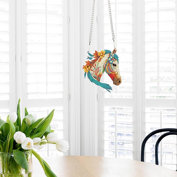 AiYuanzsh DIY Diamond Art Painting Hanging Sign Set Diamond Art Hanging Wall Art Horse's Head DIY 5D Crystal Rhinestone Pendant Kits for Wall Door Window Decorations