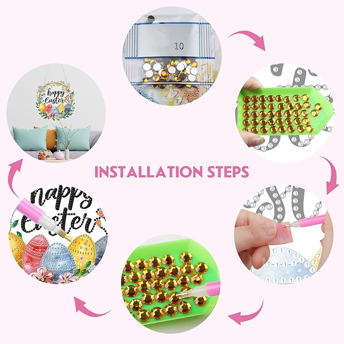 NEWENMO Happy Easter Day DIY Hanging Diamond Art Pendant Kit, Special Crystal Diamond Painting Ornament Kit for Adults Beginners, Double Sided Acrylic Board Gem Painting Box Kits, Colored Easter Eggs