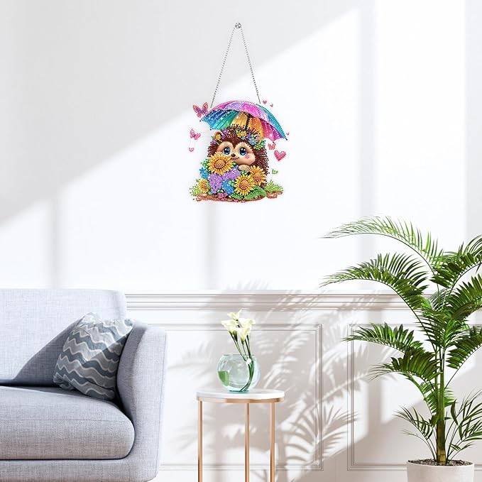 QENSPE Diamond Painting Art Hanging Kits for Adults, 5D Cute Hedgehog Special Shape Diamond Paingting Ornaments with Chain, DIY Sunflower Crystal Window Pendants for Home Wall Decor Gifts 8X8 inch