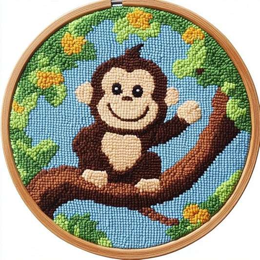 DIY Punch Needle Kits Cartoon Monkey on Tree Easy for Beginners Punch Needle Embroidery Set with Hoop Stamped Pattern for Craft Lovers and Home Decor-3