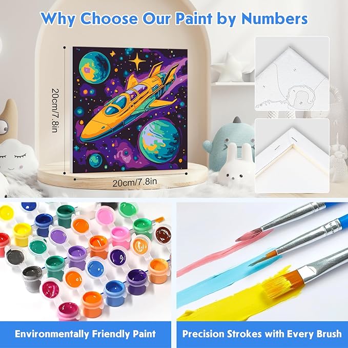4 Pack Paint by Numbers for Kids with Wooden Framed, Space Rocket, Spaceship, Paint by Number Kits on Canvas for Beginner, Acrylic Oil Painting Kits for Home Decor 8x8 inch, Colorful Planets and Stars