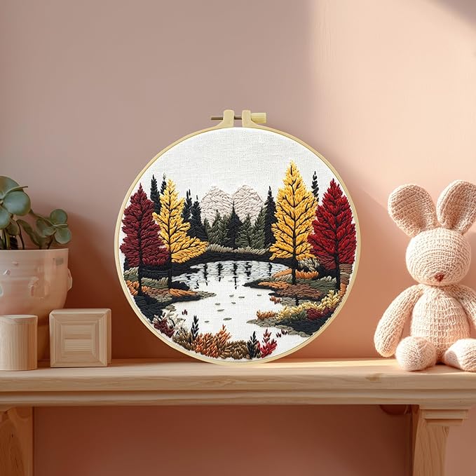 ZuoAnLF Embroidery Kit for Beginners – Complete Hand Embroidery Starter Set with Hoop, Pattern Cloth, Color Threads & Needles, DIY Embroidery Set for Relaxation, Home Décor & Unique Gifts (lakescape)