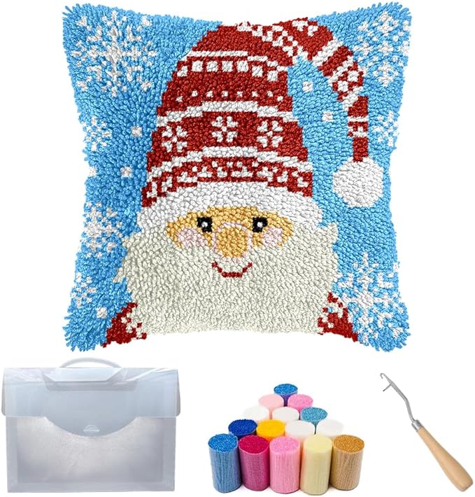 Cozykeke Gnome Latch Hook Kit for Adults Beginners,DIY Christmas Latch Hook Pillow Kit Cover Cushion Craft Kits with Pre-Printed Canvas, Suitable for Home Decor and Festival Gift 17 * 17in (BX24)