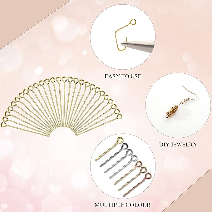 Junkin 1400 Pcs Eye Pins Mix Jewelry Findings 0.63 * 0.79 * 1.18 in Open Eye Head Pins Findings for Jewelry Making DIY Necklace Bracelets(Vintage Colors)