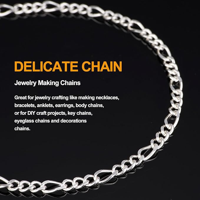 KYUNHOO 13 FT/4M Silver Plated Jewelry Chain Roll Figaro Curb Links Necklace Chains Bulk with Lobster Clasps Jump Rings for Women Men Making Jewelry Crafts