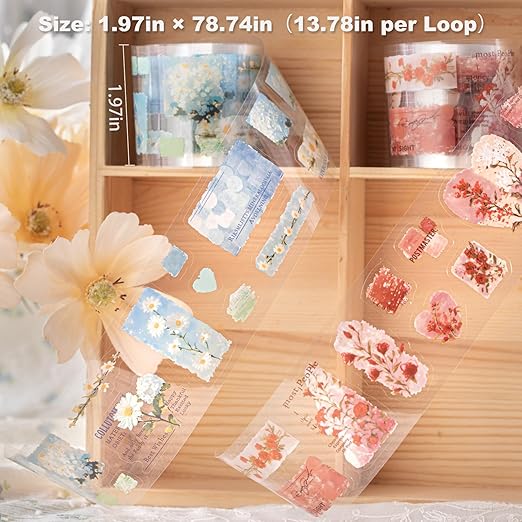 6 Rolls Floral Pre-Cut PET Sticker Tape Set, 1.97in x 78.7in Each, Vintage Botanicals & Script for Scrapbook Journals, Planners, DIY Décor